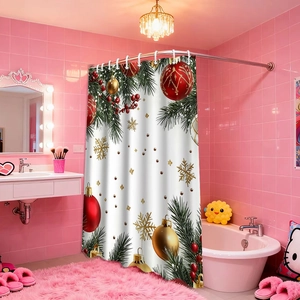 Digital printed Christmas shower curtain with red and gold ornaments on white fabric