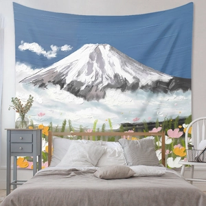 Artistic oil painting style tapestry featuring snowy mountains and pink flowers for decor