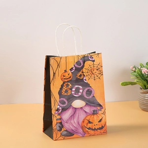 Detail of Halloween paper gift bag with purple gnome and BOO lettering for festive parties