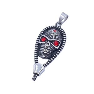 Vintage Indian style skull pendant with red gemstone eyes on stainless steel necklace