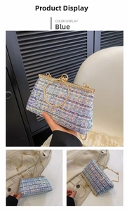 Detail of blue tweed evening clutch with sequins, rhinestone edge and gold ring handle