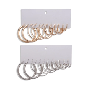 12-piece set of gold and silver hoop earrings with geometric pearls in various sizes