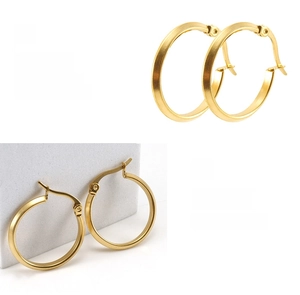 Detailed view of polished 18K gold plated stainless steel hoop earrings for women