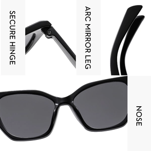 Detailed views of secure hinges, arc mirror legs, and nose pads of black sunglasses