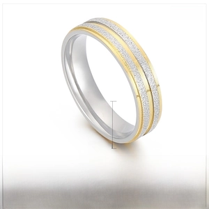 Macro detail of 5mm stainless steel ring with gold frosted finish and polished edges