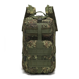 Detailed view of digital camo tactical backpack showing MOLLE webbing and compartments