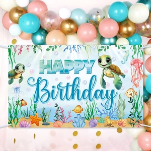 Turtle theme ocean world birthday backdrop with sea life graphics and Happy Birthday text