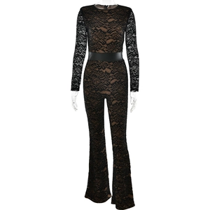 Fashionable black lace jumpsuit with long sleeves, waist belt and wide leg pants design
