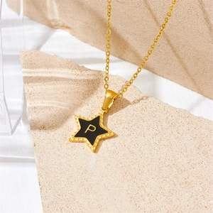 Gold plated stainless steel necklace featuring a black star pendant with the letter P