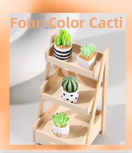 Miniature faux cactus set with tiered wooden display stand for desktop decoration