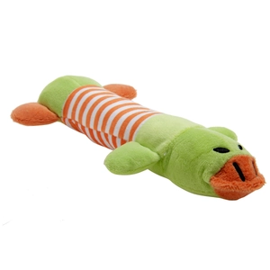 Detail of green plush dinosaur dog toy with soft texture and orange striped limbs