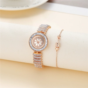 Women Quartz Watch Luxury Rhinestone Alloy Strap Flower Dial Elegant Fashion Wristwatch