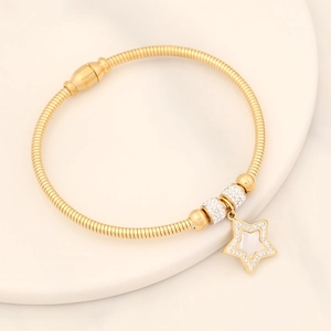 Detail of gold snake chain bracelet featuring a star charm with rhinestones and white shell