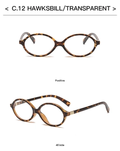 Front and 45-degree angle view of vintage oval hawksbill frames with clear lenses