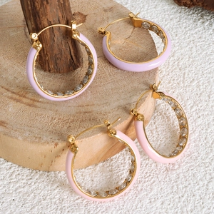 Elegant 18K gold plated stainless steel hoop earrings with colorful enamel and cubic zirconia