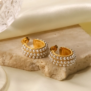 Elegant 18K gold-plated C-shaped stainless steel earrings featuring triple rows of white pearls