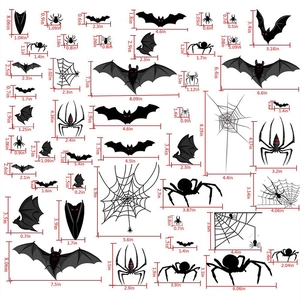 Tableau détaillé des tailles pour stickers muraux Halloween chauve-souris et araignée noire