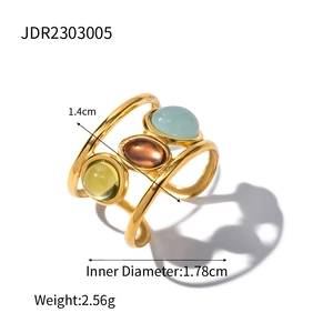 Detail view of gold-plated ring with three natural stones and product dimensions
