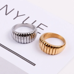 Vertical Ribbed Wide Band Ring Stainless Steel Croissant Texture Minimalist Chunky Retro Finger Jewelry For Women Men