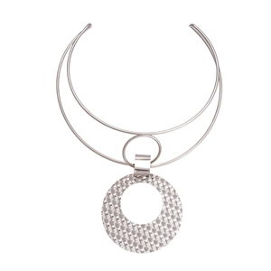 Modern double-layer silver geometric choker featuring a large textured circular pendant