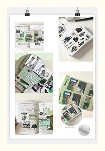 Detail of vintage green aesthetic scrapbooking stickers featuring plants and architecture