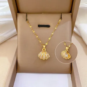Titanium steel shell pearl necklace with sparkling zircon pavé in a gold jewelry box