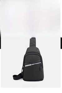 Front detail of black nylon chest bag with zipper pockets and stayE webbing straps