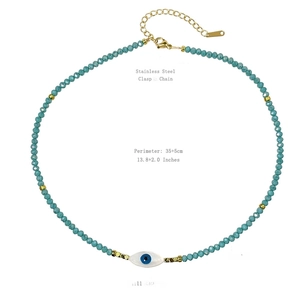 Colorful crystal beaded necklace with freshwater pearls and evil eye shell pendant