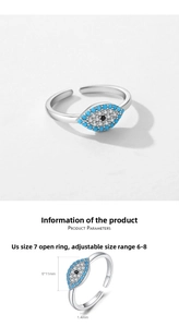 Detailed size chart for S925 sterling silver evil eye ring with dimensions and materials