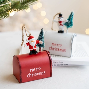 Christmas metal mailbox ornaments with Santa and snowman figurines for holiday tree decor