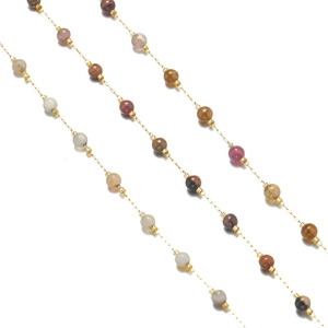 Gold chain bracelets with multicolor natural stone beads in pink grey and brown tones