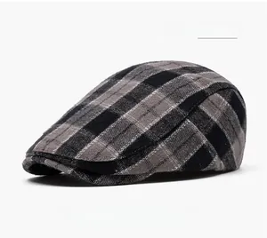 Close-up of black grid pattern and premium wool fabric texture on a Japanese flat cap