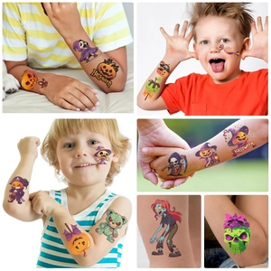Colorful Halloween cartoon temporary tattoos for kids featuring pumpkins and witches