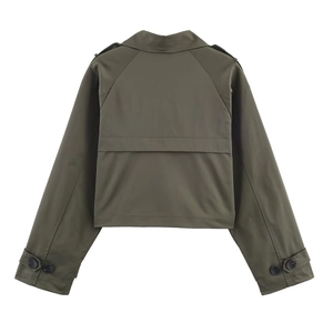 Rear view of cropped olive green trench coat featuring double-lapel collar and back panel