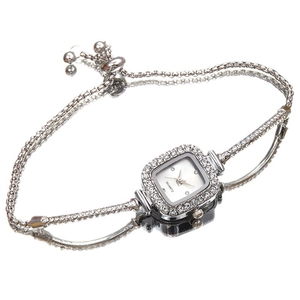 Elegant silver square quartz watch for women with rhinestone inlay and adjustable chain