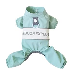 Waterproof four-legged dog raincoat with detachable hood and outdoor explorer print