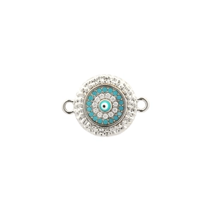 Detailed silver Evil Eye connector charm featuring turquoise beads and sparkling cubic zirconia