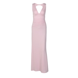 Detailed view of pink V-neck dress featuring delicate waist pleats and soft fabric texture