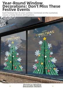 Macro detail of Christmas tree window stickers with snowflakes and gold Merry Christmas text