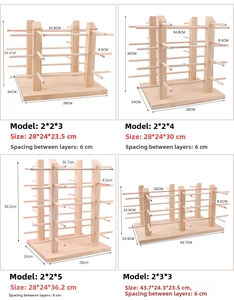 Detailed size specifications for multi-tier wooden eyewear display stands with dimensions