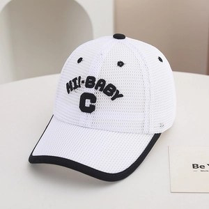 Detail of white mesh baseball cap with black HI-BABY embroidery for kids