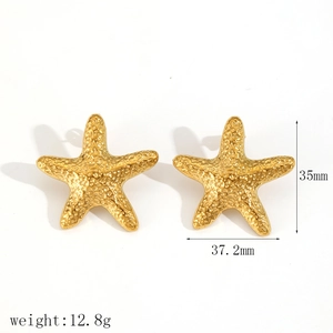 Golden starfish stainless steel earrings with hammer texture and 35mm measurement