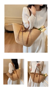 Detail of woven straw tote bag with brown leather handles and large capacity storage
