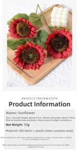 Detail view of red silk sunflowers showing 45cm branch height and 10cm bloom diameter