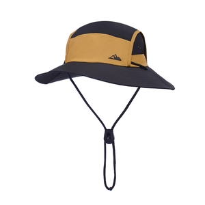 Waterproof wide brim sun hat for hiking with adjustable chin strap in black and yellow