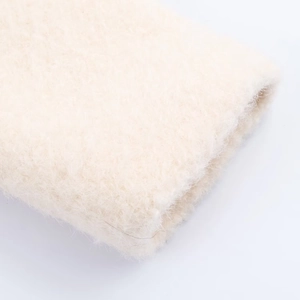 Chic beige textured wool blend double-breasted mid-length coat with soft fuzzy finish
