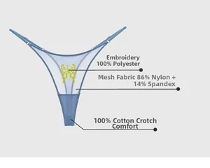 Detail of blue sheer mesh thong featuring yellow butterfly embroidery and cotton crotch