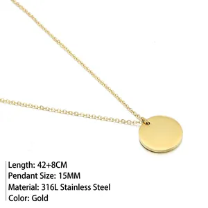 Collier avec pendentif rond en acier inoxydable doré de 15 mm et chaîne réglable