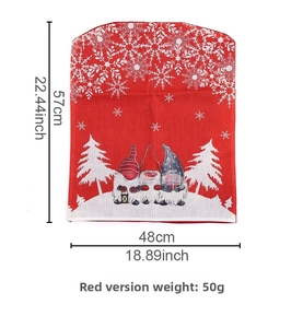 Detailed view of red Christmas chair cover with gnome print and snowy tree patterns
