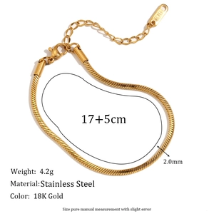 Detailed 2.0mm 18K gold-plated stainless steel snake chain bracelet with 17+5cm extension